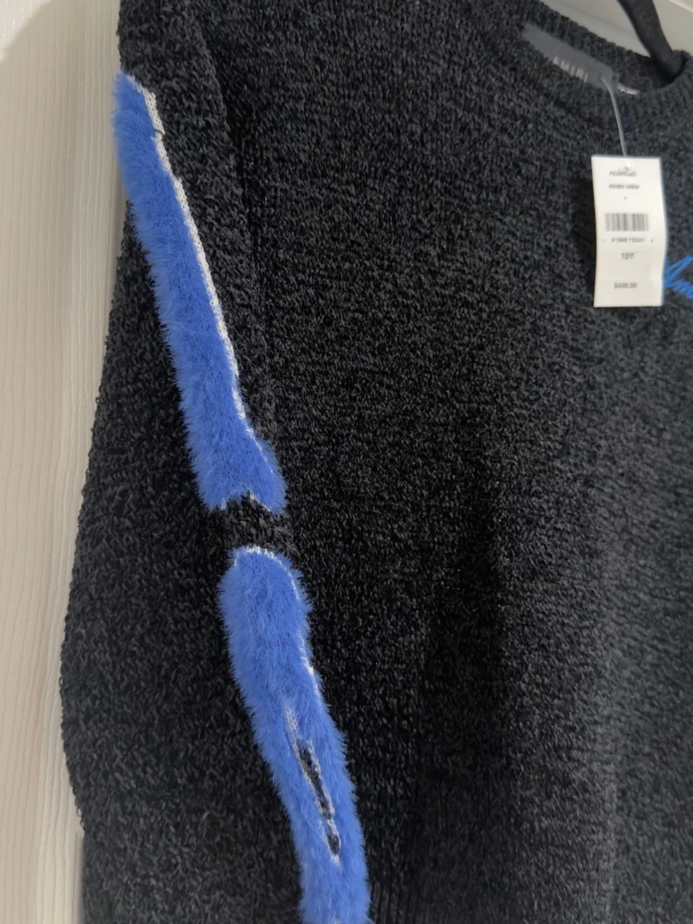 AMIRI Black Crewneck Sweater with Blue Sleeve Accents